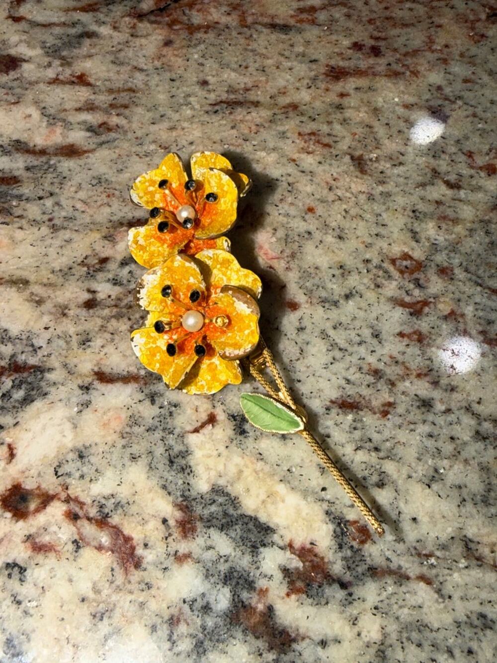 Vintage Yellow Enamel Flower Brooch with Faux Pearls